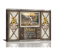 Jinflower Christian Cross Wall Art Rustic Window Sunflower Religious Canvas Wall Decor Scripture Bible Verse Pictures Print Paintings Framed Artwork Home Decor for Bedroom Living Room 16''x20''