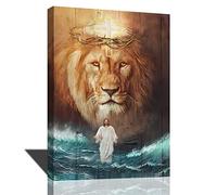 Jinflower Jesus and Lion Wall Art Pictures for Christian God Decor of Judah Poster Religious Canvas Prints Modern Home Framed Artwork Bedroom Living Room Church 16x12 inch
