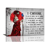Jinflower Motivational Japanese Samurai Wall Art Women Red Moon Canvas Decor Inspirational Quotes I Choose Pictures Print Paintings Framed Artwork Home for Office Living Room Gym 12''x16''