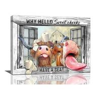 Jinflower Rustic Highland Cow Wall Art for Bathroom, Farmhouse, Funny Cow, Canvas, Wall Decoration, Country Animal, in Window, Picture Print, Framed, Artwork, Living Room, 40.6x61 cm