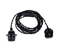 JING Vintage Pendant Light Fitting With Plug-In,4.5 Meters Braided Twisted Fabric Cable Plug With In-Line On/Off Switch,E27 Screw Lamp Holder, Industrial Style Hanging Light Fitting Kit-LAN05-BLK
