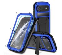 JINGANGYU Metal Heavy Duty Phone Case Compatible with iPhone 17 Air with Kickstand Built-in Gorilla Glass Lens Camera Protection Sturdy Military Durable Dustproof Aluminum Screws Cover for Men (Blue)
