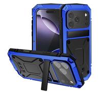 JINGANGYU Metal Heavy Duty Phone Case Compatible with iPhone 17 Pro with Kickstand Built-in Gorilla Glass Lens Camera Protection Sturdy Military Durable Dustproof Aluminum Screws Cover for Men (Blue)