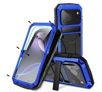 JINGANGYU Metal Heavy Duty Phone Case Compatible with iPhone 17 with Kickstand Built-in Gorilla Glass Lens Camera Protection Sturdy Military Durable Dustproof Aluminum Screws Cover for Men (Blue)