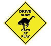 Jingclor Drive Slow Cats at Play Warning Sign - 12x12 inch Diamond Aluminum Caution Metal Sign