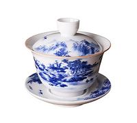 Jingdezhen Chinese Gaiwan Handmade 6.3oz/180ml Mountain Style China Blue and White Porcelain Gaiwan Kungfu Teacup Traditional Chinese Teaware Tea Set