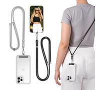 JINGIHE 2 Pcs 150cm Phone Lanyard Crossbody Strap - Tool-Free Adhesive Backing, Universal Adjustable Neck/Wrist Strap for iPhone Samsung All Smartphones (Grey + Black)