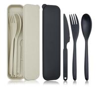 JINGIHE 2pc Reusable Portable Travel Utensils with Case, Plastic Fork Knife Spoon Set, Lightweight for Picnic, School, Office & Outdoor Use (Black + Beige)