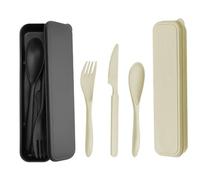 JINGIHE 2pc Travel Cutlery Set, with Case, Reusable Portable Plastic Cutlery, Camping Cutlery, Fork Knife Spoon Set, Lightweight Utensils for Picnic School Office Daily Outdoor Use, (Black + Beige)