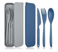 JINGIHE 2pc Travel Cutlery Set with Case, Reusable Portable Plastic Utensils, Camping Tableware, Fork Knife Spoon Set, Lightweight for Picnic School Office Outdoor Use (Dark Blue & Gray)