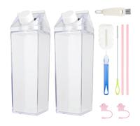 JINGIHE 2PCS Clear Plastic Square Milk Carton Water Bottle, 17Oz/ 500 ML Shot Juice Bottles with Lids, Small Portable Empty Jug for Outdoor Indoor Sports Travel Camping Activities