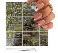 JINGIHE 30 Sheets Gold Nail Stickers, 3D Self-Adhesive Art Nail Decals, Water-Proof Star Snowflake Geometry Line Nails Salon Supplies Manicure Decoration Accessories for Women Girls Kids DIY