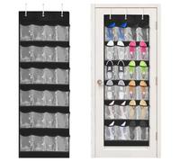 JINGIHE Over the Door Shoe Hanging Storage Organiser, Shoes Racks Holder with 3 Hooks, 24 Large Clear PVC Pockets Storage Hanger for Bedroom Bathroom Wardrobe Closet (150cm×45cm, Black)