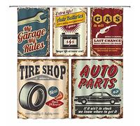 jingjiji Car Shower Curtain 1950s Retro Country Garage Antique Car Accessories American Repair Poster License Plate Nostalgic Letter Bathroom Decor Curtains Polyester Fabric (Red, 70 x 70 Inch)