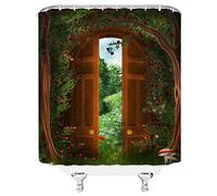 jingjiji Green Forest Shower Curtain Fantasy Garden Wooden Door Garden Tree House Fairy Tale World Natural Scenery Bathroom Decoration Curtains Polyester Fabric with Hook 70 X 70 Inch Green Brown