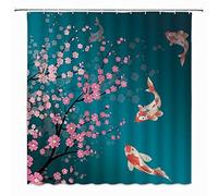 jingjiji Japanese Cherry Blossoms Shower Curtain Asian Chinese Oriental Watercolor Teal Blue Flower Branch Fish Carp Spring Bloom Traditional Ink Painting Bathroom Polyester Fabric Hooks 70 X 70 Inch
