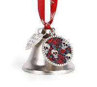 Jingle Bell Christmas Ornaments Silver Dual-Pendant Sleigh Bells with Red Ribbon Sugar Skulls and Roses Craft Bell for Xmas Tree Wreath Mantel Festival Holiday Party DIY Home Decorations