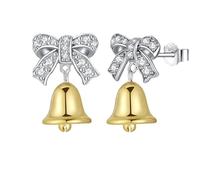 Jingle Bell Earrings for Women Sterling Silver Post Drop Dangle Earrings Elegant Bowknot Rhinestone Cubic Zirconia Cute Festive Xmas Party Jewelry Hypoallergenic for Daughter Wife Girlfriend