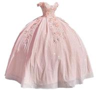 Jingliz Long Prom Dress Off The Shoulder Quinceanera Dresses Ball Gown Tulle 3D Hand Made Flowers Sweet 16 Dresses, Pink, 6