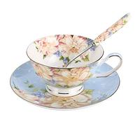 JinGlory Blue Tea Cup Set, Flora with Gold Edges, Bone China, 7OZ