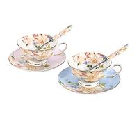 JinGlory Tea Cups,Floral Tea Cups and Suacers Set,Bone China Tea Set of 2,Coffee Cups,Tea Set for Adults/Friends/Lover,7OZ(Blue/Pink)