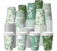 Jingmore 100 Pcs 12oz Spring Disposable Coffee Cups with Lids 4 Sage Green Themed Gradient Pattern Paper Cups Travel Coffee Mugs for Spring Dinner Event Decoration Wedding Kitchen Restaurant Supplies