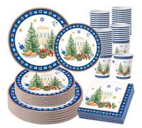 Jingmore 125 PCS Christmas Hanukkah Tableware Set | Blue White Holiday Design, Christmas Tree & Menorah Pattern, Paper Plates Cups Napkins for Christmas Hanukkah Party Gathering