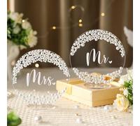 Jingmore 2 Pcs 6 Inch Mr and Mrs Table Sign for Wedding Sweetheart Table Decorations Round Acrylic Pearl Mr & Mrs Wedding Topper Bride Groom Centerpieces Head Decor for Bridal Engagement Reception