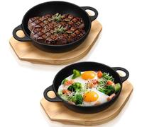 Jingmore 2 Sets Mini Cast Iron Skillet with Wooden Base Small Cast Iron Plates Skillet Pan Round Fajita Plate Hot Steak Pot Dish for Baking Cooking(6.1 Inch)