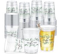 Jingmore 200 Pcs Wedding Disposable Plastic Cup 12 oz, Eucalyptus | Wedding Cups for Reception, Thick Clear Cup Happily Ever After Mr and Mrs Just Married Cups for Bridal Shower Decorations