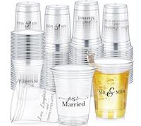 Jingmore 200 Pcs Wedding Disposable Plastic Cup 12 oz, White Floral | Wedding Cups for Reception, Thick Clear Cup Happily Ever After Mr and Mrs Just Married Cups for Bridal Shower Decorations