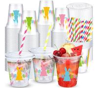 Jingmore 25 Pack Easter Bunny Plastic Cups with Lids and Paper Straws, 12 oz Colorful Bunny Egg Disposable Cup Spring Beverage Drinking Cup for Easter Bunny Party Favors Supplies Baby Show Decorations