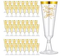 Jingmore 48 Pack Happy New Year Gold Rimmed Plastic Champagne Flutes Cheer to 2026 Celebration 5oz Disposable Cocktail Cups Transparent Party Favors Drinkware for New Year Party