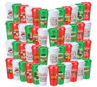 Jingmore 48 Pcs Winter Coffee Cup Gift 16 oz, Christmas Style | Thank You Travel Mug Coworkers Gift for Christmas Party Supplies, Hot Cold Drinks, Reusable Plastic Cup with Lid