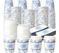 Jingmore 48 Sets Blue Floral Paper Coffee Cups with Lids and Sleeves 8oz Vintage Flower Disposable Drinking Cups Bulk for Birthday Wedding Bridal Shower Tea Party Supplies