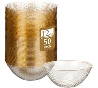 Jingmore 50 Pcs 12 oz Clear Plastic Bowls Hammered with Gold Rimmed, Heavyweight Disposable Bowl Set, Salad Dinner Bowls for Party, Wedding, Holiday, Catering (Clear with Gold Glitter)