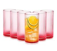 Jingmore 6 Packs Pink Ribbed Drinking Glasses 12.5 oz Pink Glassware Fluted Highball Wine Glasses Set Tall Cocktail Cups Vintage Style Collins Tumblers for Juice, Cocktail, Water, Beer, Tea, Whiskey