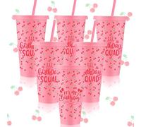 Jingmore 6 Pcs Cherry Birthday Party cups 24 oz Birthday Squad Tumbler Reusable Plastic Cherry cups with Lids and Straws for 16th 18th 20th 30th Berry Fruit Theme Party Decorations Favors for Women