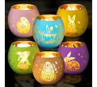 Jingmore 6 Pcs Easter Votive Candle Holders for Tealight Easter Bunny Egg Glass Votive Holders Flameless Candles Easter Decor with 6 Laser Engraving Patterns for Easter Spring Home Table Centerpiece