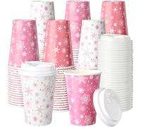 Jingmore 60 Pcs Pink Snowflake Disposable Coffee Cups 12 oz Winter Coffee Paper Cups with Lid Insulated Paper Drinkware for Hot Cold Drinks Christmas Holiday Birthday Party Supplies