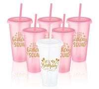 Jingmore Birthday Party Tumblers 24 oz Squad Plastic Tumblers with Lid and Straw for 20th 30th 40th 50th 60th Birthday Decorations Favor for Women Adults(White,Pink,6 Pcs)
