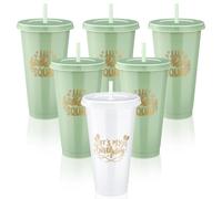 Jingmore Birthday Party Tumblers 24 oz Squad Plastic Tumblers with Lid and Straw for 20th 30th 40th 50th 60th Birthday Decorations Favor for Women Adults(White, Sage Green,6 Pcs)