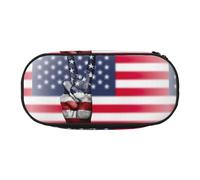 jingong America Flag and Hippie Peace Print Oxford Cloth Pencil Case Pouch, Sturdy, Double Zipper, Cosmetic Pencil Storage