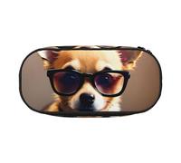 jingong Chihuahua Dog Glasses 1 Print Oxford Cloth Pencil Case Pouch, Sturdy, Double Zipper, Cosmetic Pencil Storage