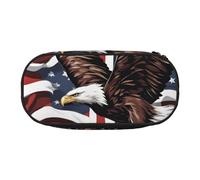 jingong Eagle with USA Flag Print Oxford Cloth Pencil Case Pouch, Sturdy, Double Zipper, Cosmetic Pencil Storage