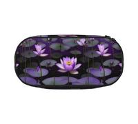 jingong Lotus Flower Purple Print Oxford Cloth Pencil Case Pouch, Sturdy, Double Zipper, Cosmetic Pencil Storage