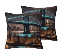 jingong New York Manhattan Bridge Night Imitation Linen Pillowcase Set - 2PCS Premium Printed Bedding Set for Modern Home Decor