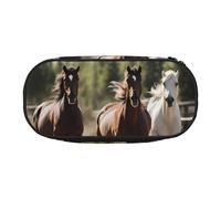 jingong Three Running Horses Print Oxford Cloth Pencil Case Pouch, Sturdy, Double Zipper, Cosmetic Pencil Storage