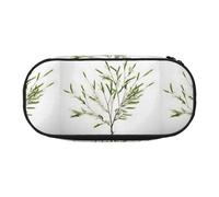 jingong White Natural Plant Green Twig (1) Print Oxford Cloth Pencil Case Pouch, Sturdy, Double Zipper, Cosmetic Pencil Storage