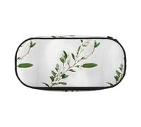 jingong White Wild Green Twig Print Oxford Cloth Pencil Case Pouch, Sturdy, Double Zipper, Cosmetic Pencil Storage